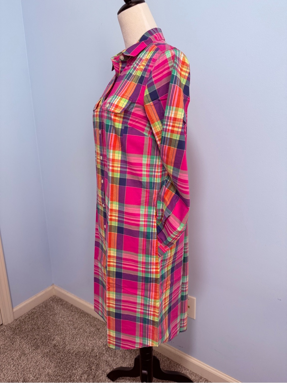 NWT Lands’ End Madras Plaid Shirt Dress Women’s 2 Pink Cotton Button Front - Picture 3 of 8